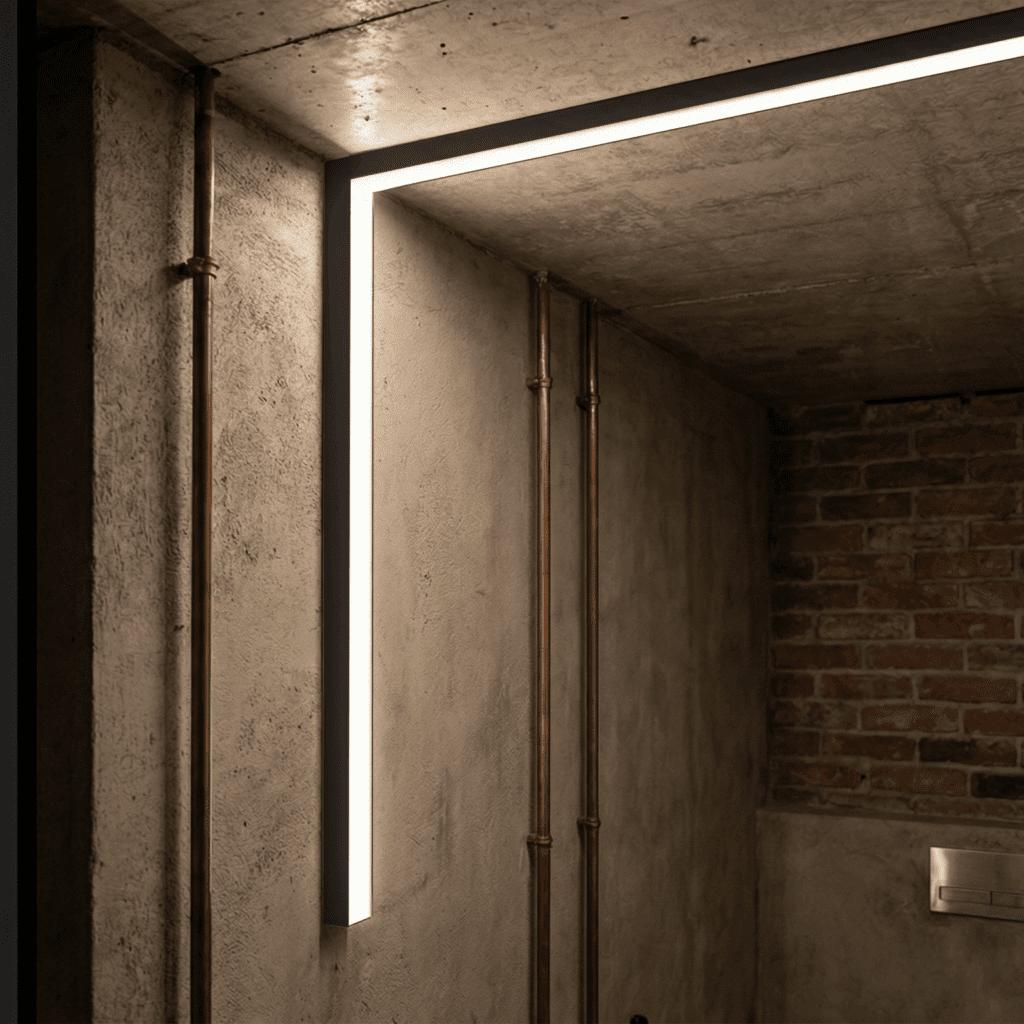 Perfil de LED de Sobrepor ID245 Prolinea aplicado em um lavabo moderno estilo industrial