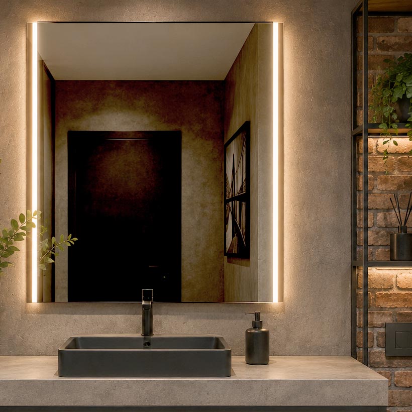 Projeto de iluminação de lavabo com perfil de LED linear aplicado nas laterais do espelho