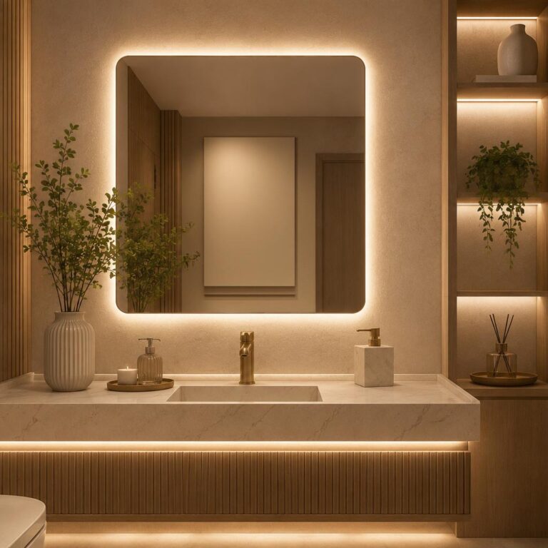 Lavabo moderno com iluminação em perfil de LED, luz quente 3000K e decoração contemporânea
