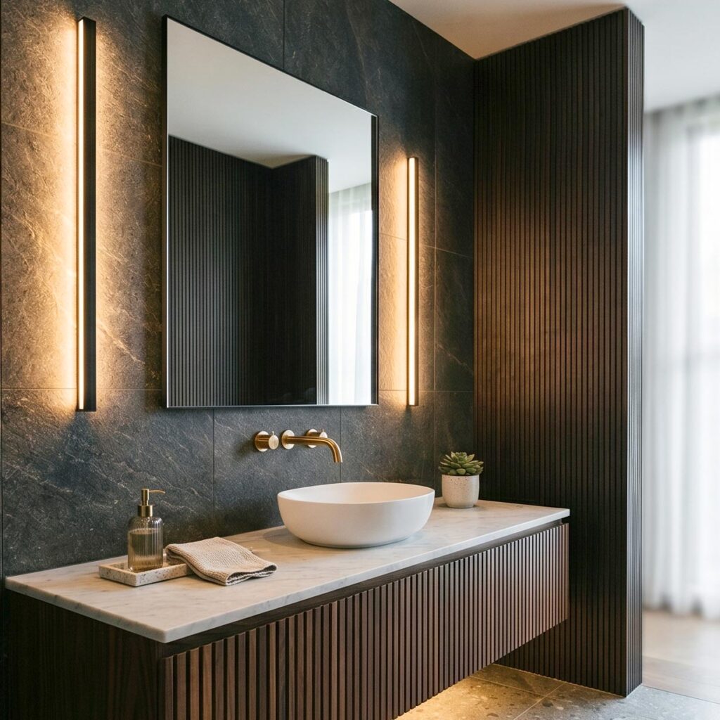 Iluminação de lavabo contemporâneo com perfis de LED laterais no espelho e bancada suspensa moderna